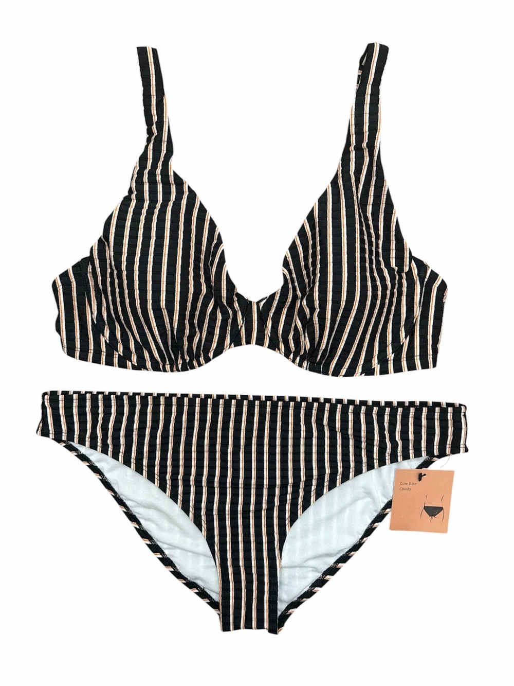 Shade & Shore Black Striped Bikini Set Size 38D / L